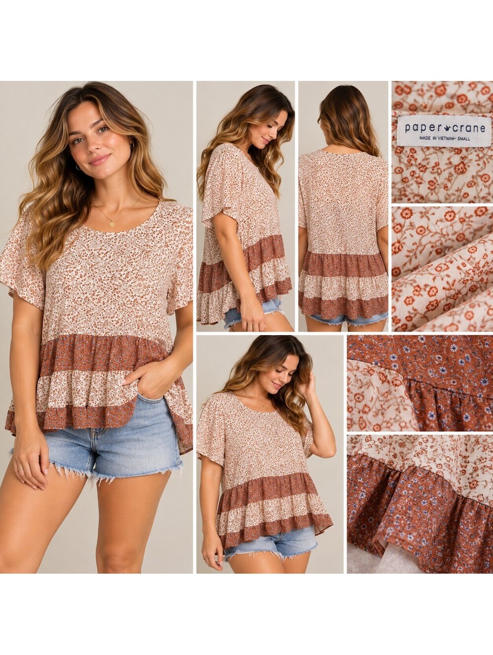 paper crane Cream and Brown Floral Colorblock Short Sleeve Top
